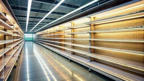 Empty supermarket shelves signal a food crisis, driven by supply chain disruptions and stockouts. photo