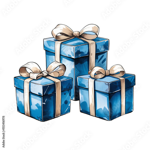 A watercolor illustration of three blue gift boxes with white bows tied around them. The gift boxes are placed on a transparent background