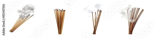 Burning incense sticks with smoke trails PNG set, Aromatic Spiritual Design Elements photo