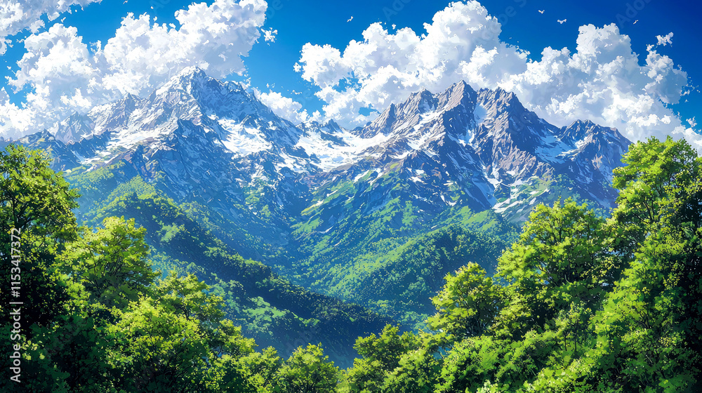 Naklejka premium Majestic snow-capped mountains viewed from lush green valley.