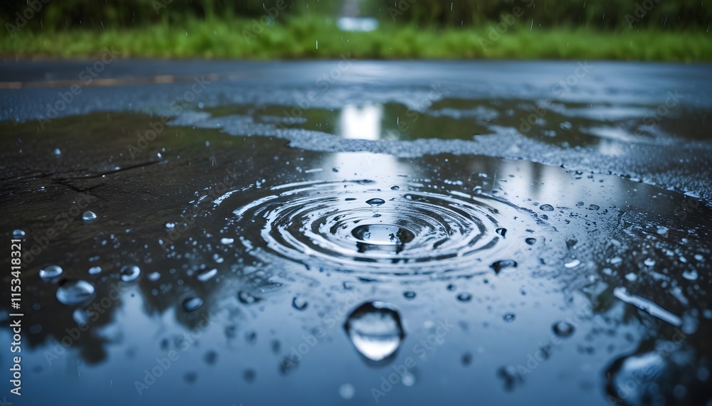Raindrops falling on a puddle, creating ripple patterns on the surface of the water with a blurred, rainy, natural environment Raindrops falling on a puddle, creating ripple patterns on the surface of the water with a blurred, rainy, natural environment