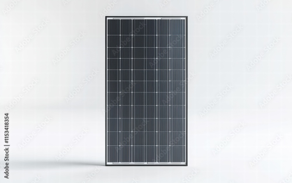 A single solar panel standing upright with visible grid details and a realistic metallic frame, isolated on a clean white background A single solar panel standing upright with visible grid details and a realistic metallic frame, isolated on a clean white background