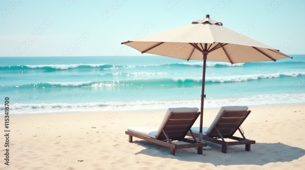 Beach loungers under umbrella, serene mood, ocean view, sunny day