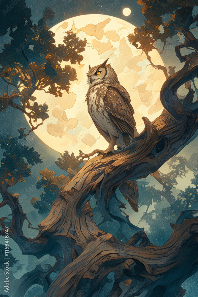 Fototapeta premium Owl perched on a gnarled oak branch, illuminated by the soft glow of a full moon.