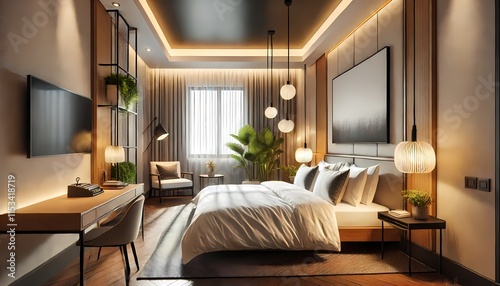 A modern boutique hotel room featuring a comfortable bed, stylish decor, contemporary lighting, and a clean, elegant layout designed for relaxation