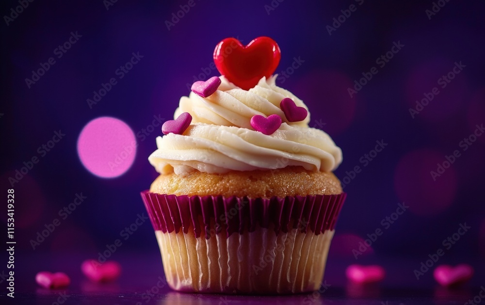 A beautifully frosted cupcake with a valentines day topper, on a deep purple background A beautifully frosted cupcake with a valentines day topper, on a deep purple background