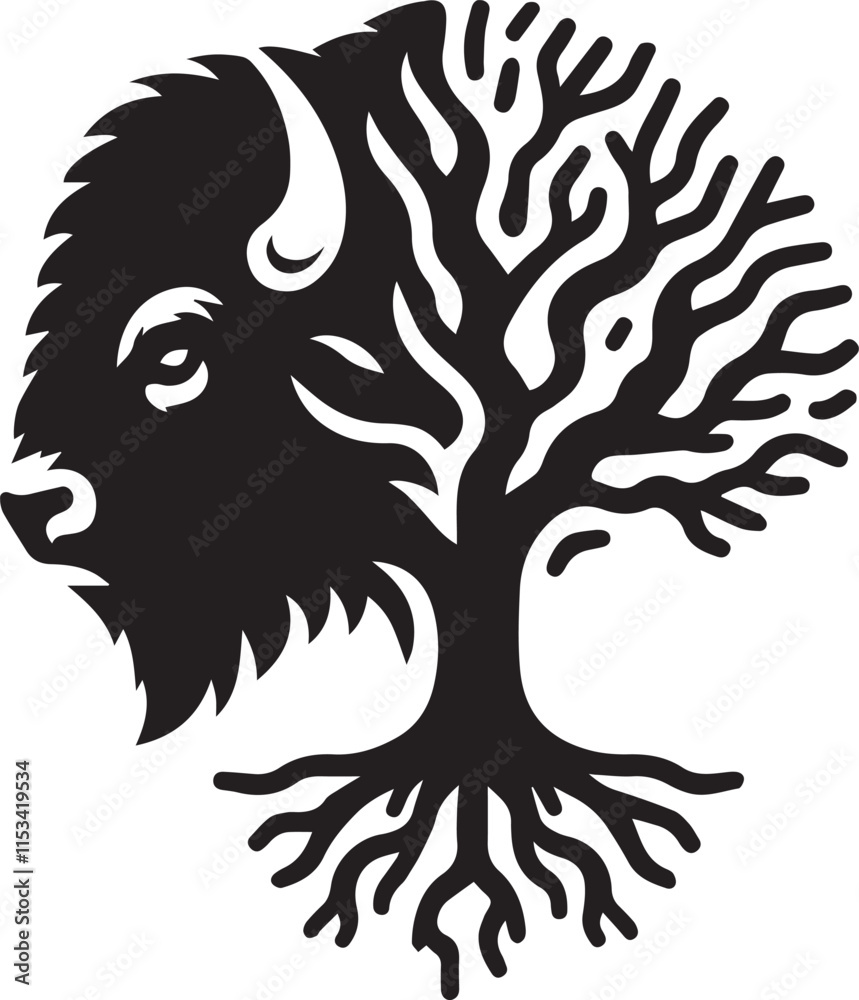 Fototapeta premium Bison head silhouette combined with tree trunk and branches