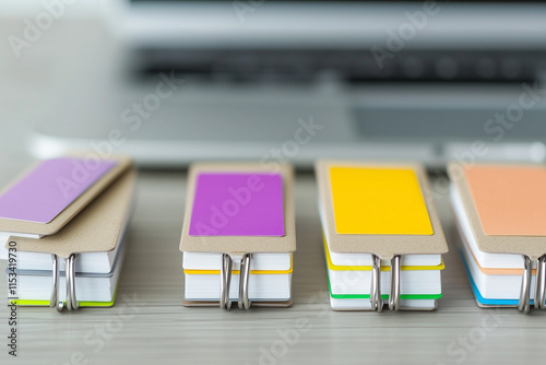 Sets of flashcards with colorful covers bound by metal rings placed in front of a laptop for foreign word learning photo