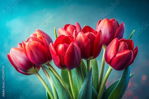Vibrant Red Tulips on Soft Light Blue Background - Spring Floral Photography