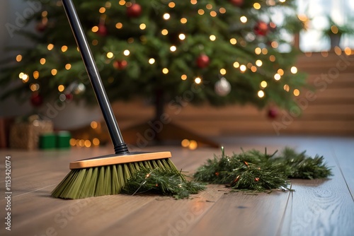 Wallpaper Mural A broom sweeps fallen pine needles from a Christmas tree on a wooden floor, symbolizing post-holiday cleanup after Christmas celebrations. Torontodigital.ca
