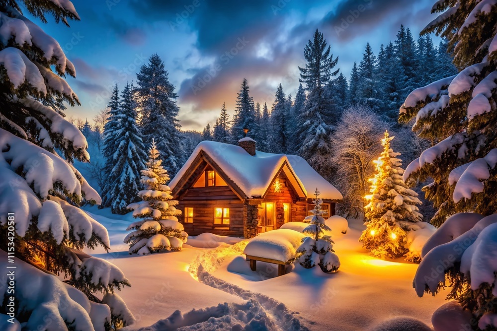 Fototapeta premium Cozy Winter House, Festive Lights, Snowy Forest, Tranquil Evening Scene