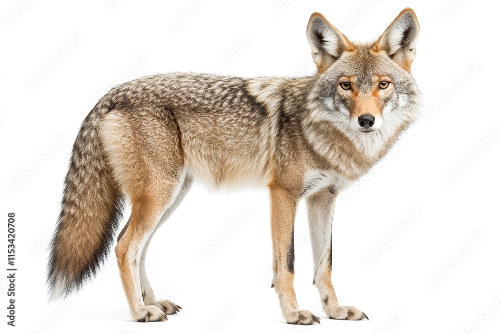 Majestic coyote stands on alert against a bright white background. Majestic coyote stands on alert against a bright white background.