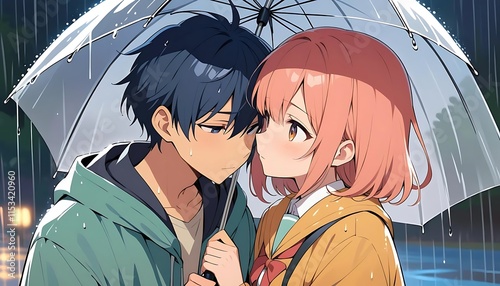 Rainy Day Romance: Anime Couple Under Umbrella
