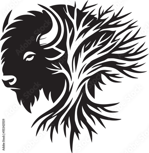 Bison head silhouette combined with tree trunk and branches