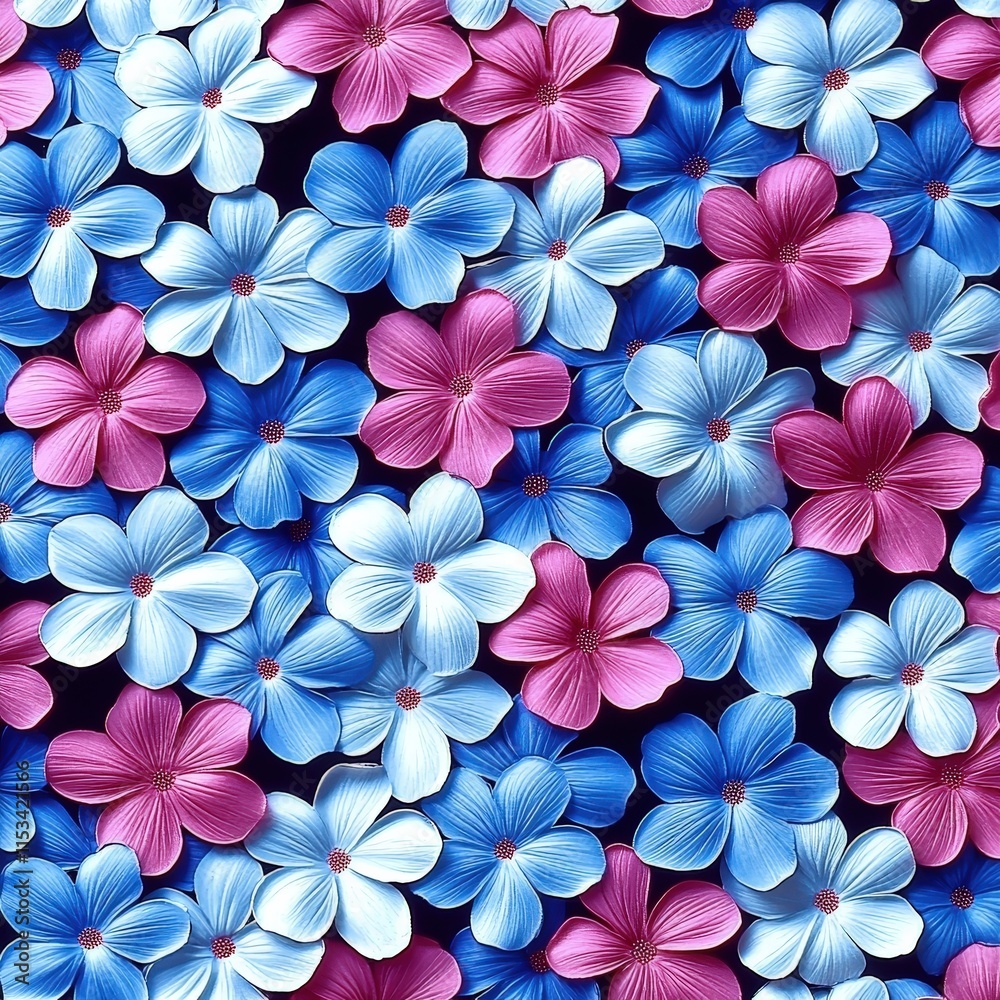 A vibrant array of blue, pink, and white flowers arranged in a cheerful floral pattern, creating a joyful and lively atmosphere. A vibrant array of blue, pink, and white flowers arranged in a cheerful floral pattern, creating a joyful and lively atmosphere.