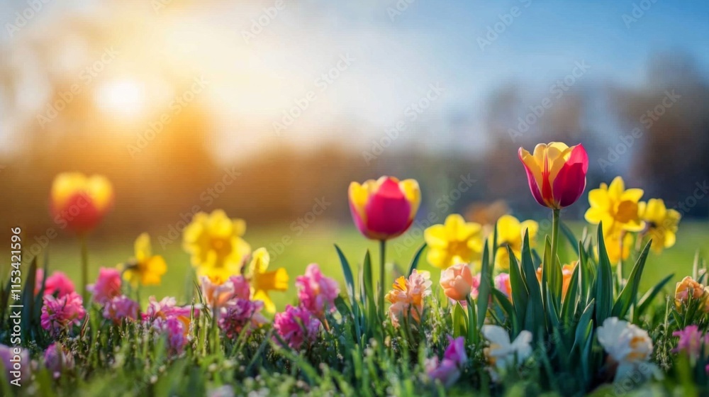 Obraz premium Vibrant Spring Flowers Blooming In Sunny Meadow