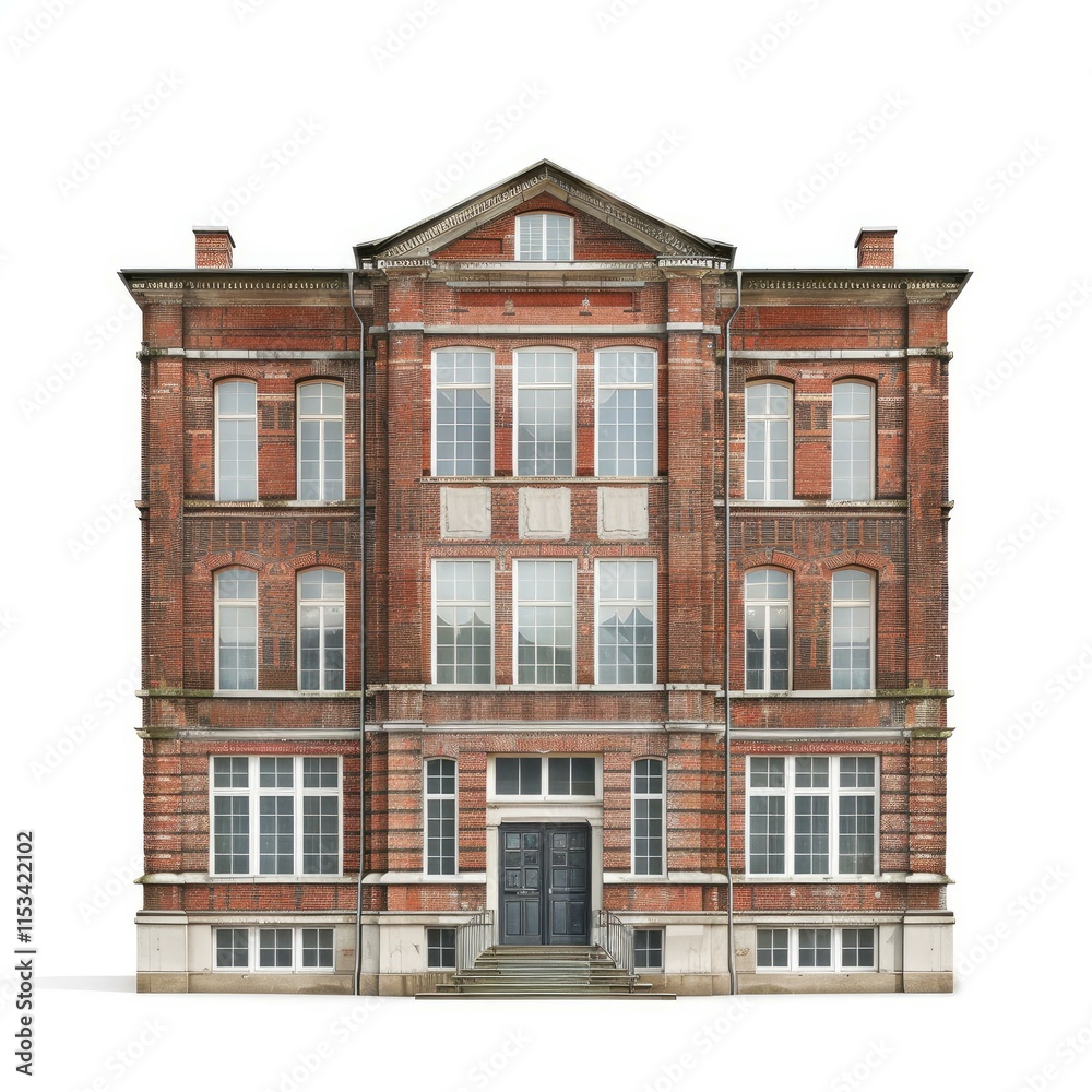 Fototapeta premium Classic red brick school building with multiple windows and a prominent central entrance featuring a staircase, isolated on a white background