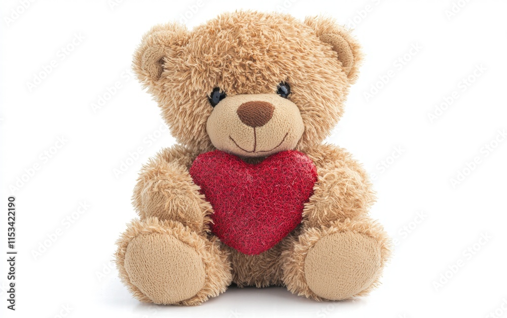 Obraz premium A fluffy teddy bear holding a red heart, a perfect valentines day gift, isolated on a bright white background