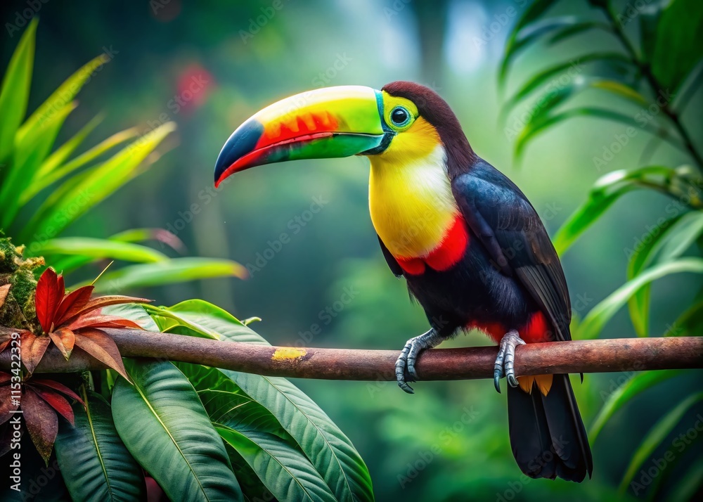Naklejka premium Vibrant Toucan Perched on Lush Tropical Branch - Fashion Photography