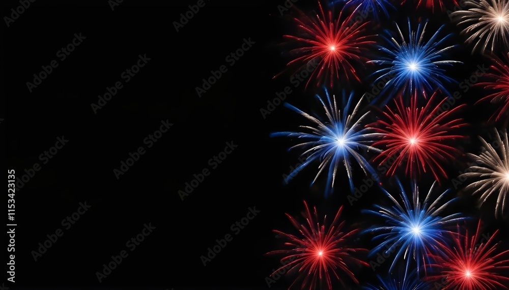Red, white and blue fireworks on a black background with stars Red, white and blue fireworks on a black background with stars