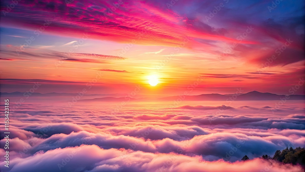 Fototapeta premium Pink sun, long exposure captures a breathtaking, peaceful landscape bathed in ethereal, dramatic light, a heavenly wonder.