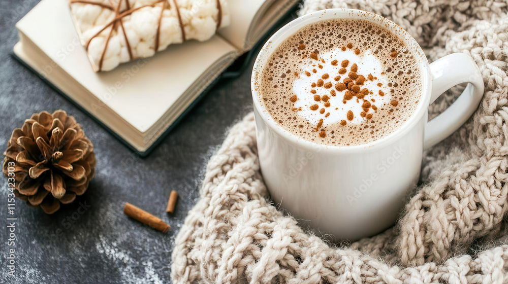 Fototapeta premium cozy corner with warm cup of cocoa, book, and sweet treat evokes comfort and relaxation