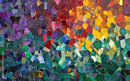 A colorful mosaic of irregular shapes in rich jewel tones like emerald, sapphire, and ruby, forming a vibrant abstract collage photo