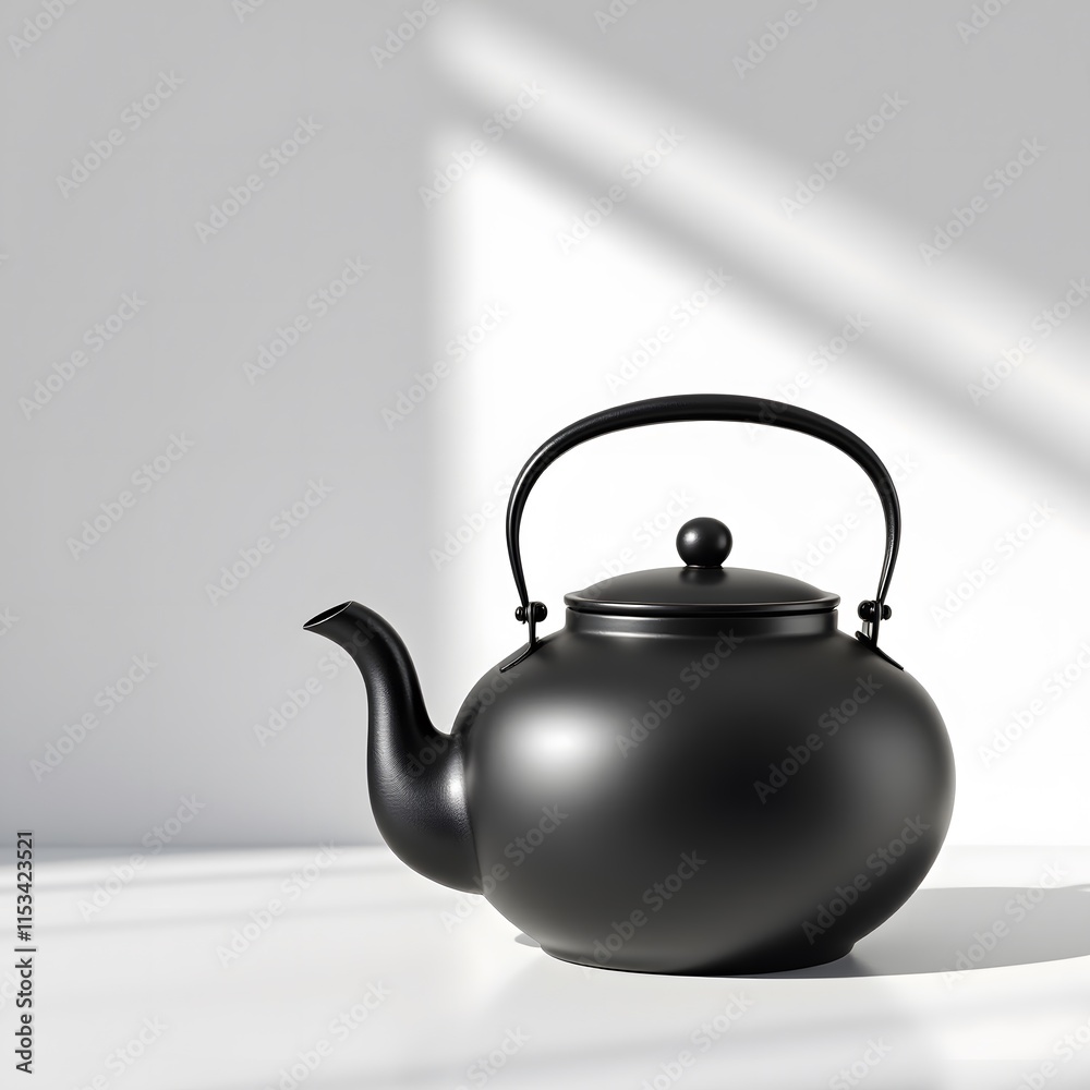 Elegant Black Matte Tea Kettle On White Surface With Light And Shadow Elegant Black Matte Tea Kettle On White Surface With Light And Shadow
