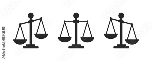 Set of scale icon. Scales of justice flat icon set. Vintage scale in balance and equilibrium. Vector icon of justice scales collection design. Vector illustration