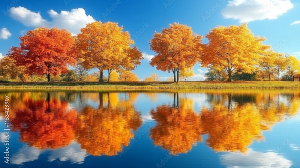 Autumn Trees Reflecting In Calm Lake Water