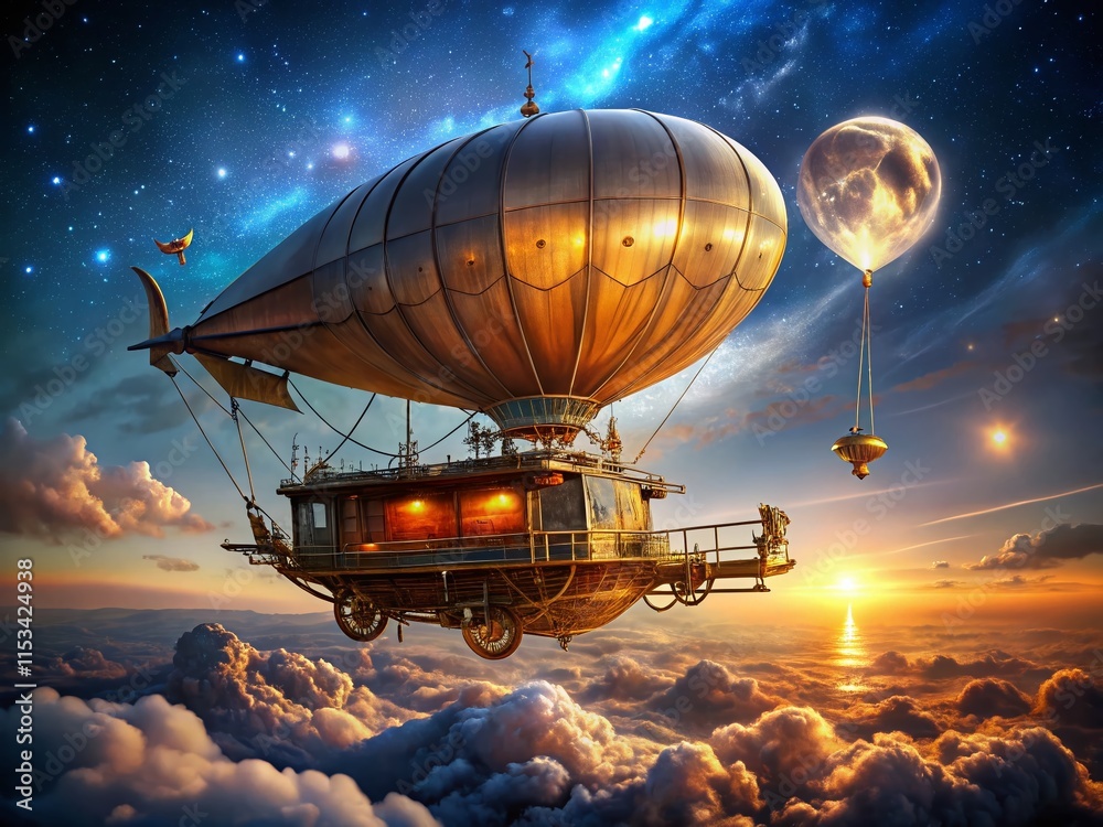 Obraz premium Victorian Steampunk Airship: Night Flight Above Clouds - Stock Photo
