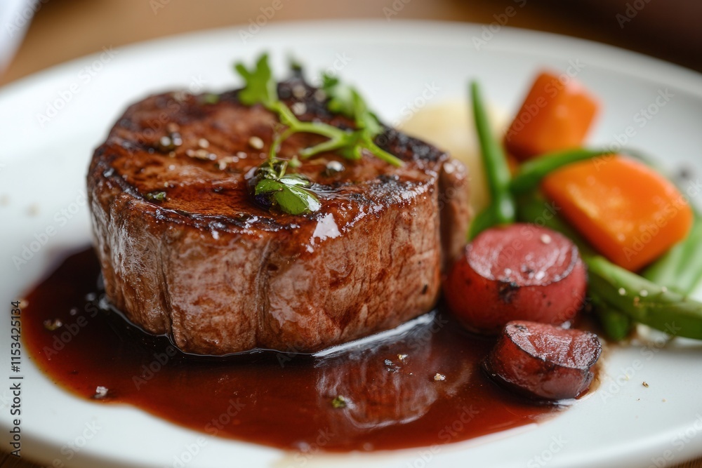 Delicious grilled beef steak with vegetable and sauce on white plate Delicious grilled beef steak with vegetable and sauce on white plate