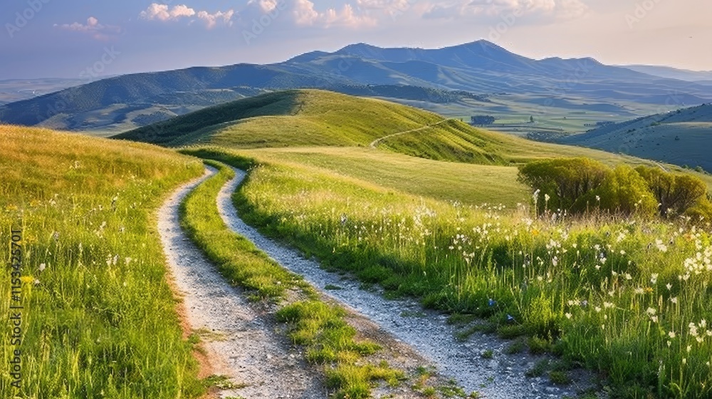 Scenic road cutting through a vibrant grassfield bordering a natural outdoor landscape Scenic road cutting through a vibrant grassfield bordering a natural outdoor landscape