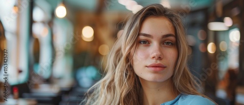 A girl with blonde hair and blue eyes in a blue top looks serious in front of a blurred background with bokeh lights, possibly indoors in a modern, cozy setting.