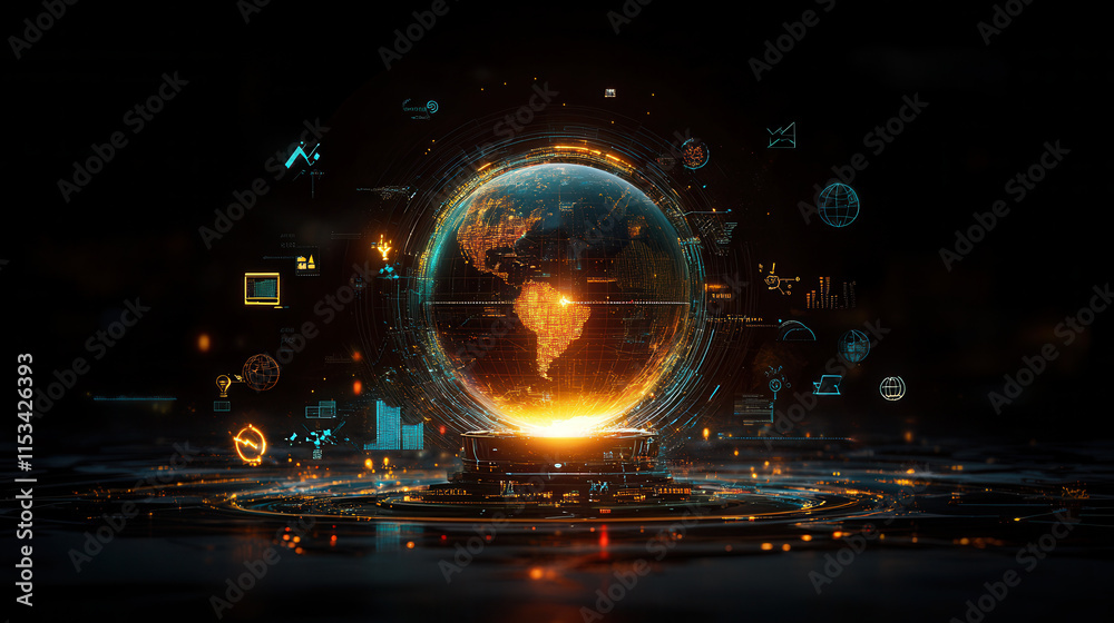 Obraz premium glowing digital globe with data icons, representing global connectivity and technology