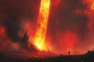 Papier peint photo Bordeaux A lone figure stands before a towering, fiery pillar of light in a surreal, molten landscape, evoking a sense of awe and danger.  © EliteStock