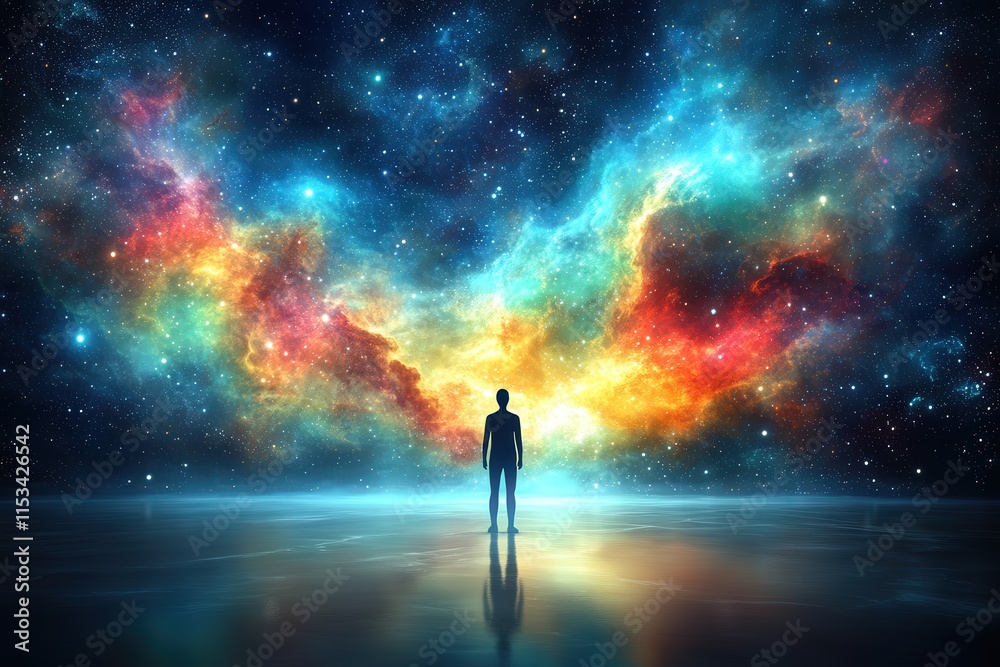 A silhouette of a person gazes at a stunning cosmic landscape filled with vibrant colors and swirling galaxies. A silhouette of a person gazes at a stunning cosmic landscape filled with vibrant colors and swirling galaxies.