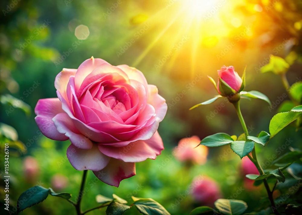 Fototapeta premium Delicate Pink Rose Blossom Double Exposure Lush Garden - Stock Photo