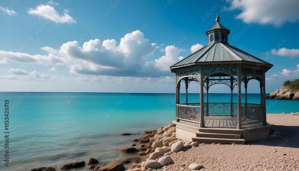 A gazebo on a sandy beach with turquoise blue water and a cloudy sky in the background A gazebo on a sandy beach with turquoise blue water and a cloudy sky in the background