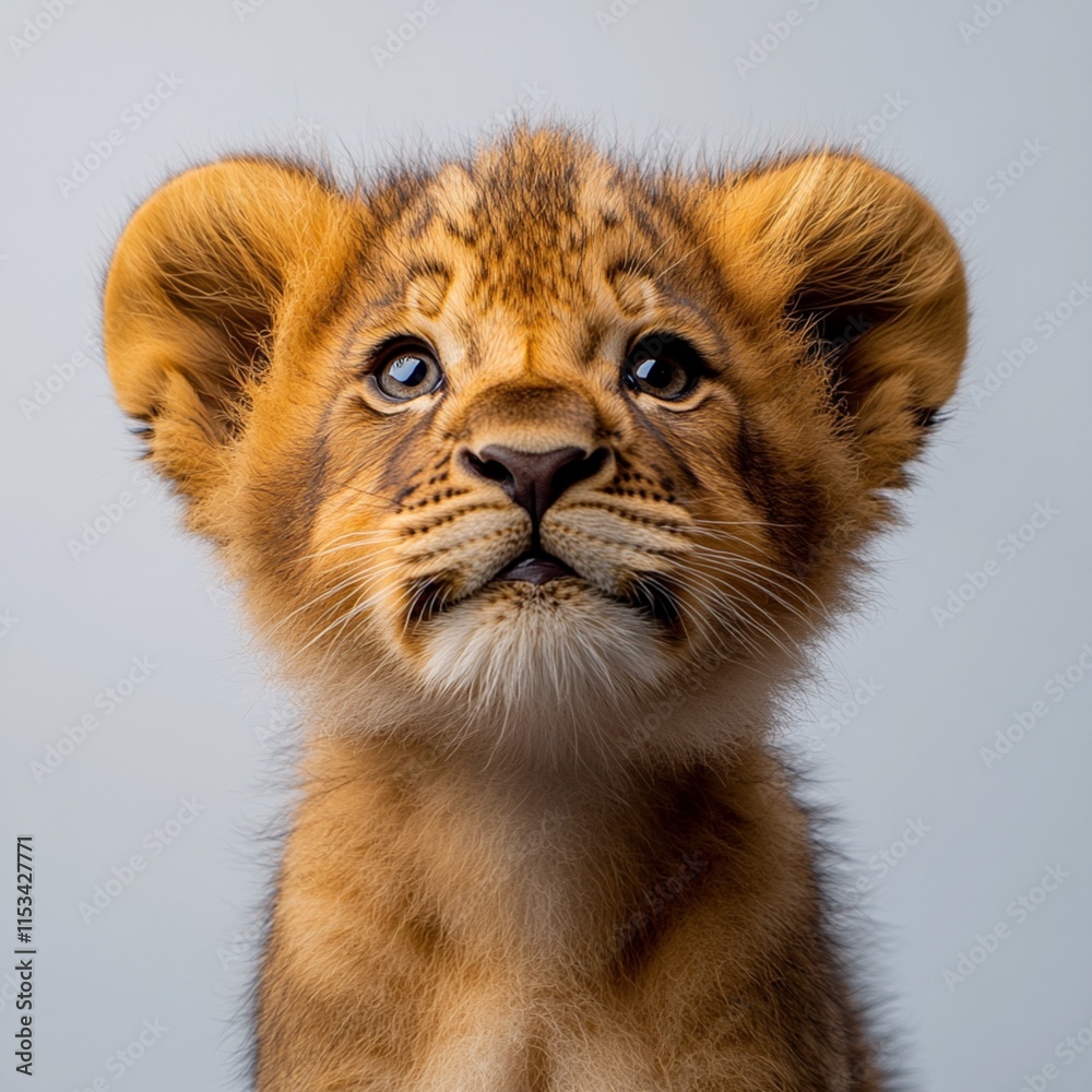 Obraz premium A lion cub captured in close-up, isolated on a white background.