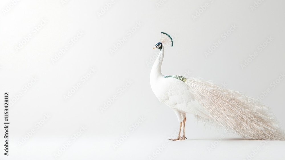 Obraz premium Elegant White Peacock Showcasing Its Majestic Feathers in a Minimalist Studio Setting, Perfect for Nature and Wildlife Photography Enthusiasts