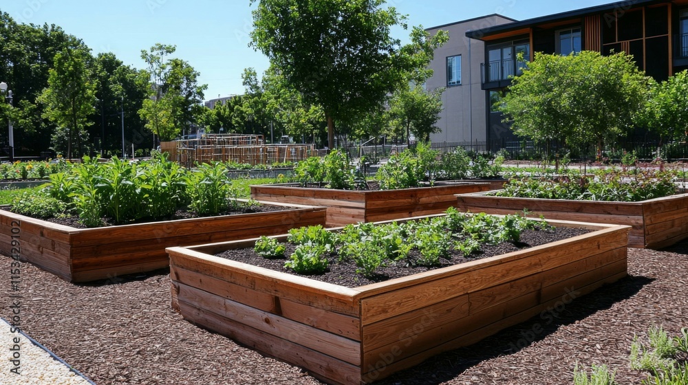 Urban Community Garden With Raised Wooden Planter Boxes Urban Community Garden With Raised Wooden Planter Boxes
