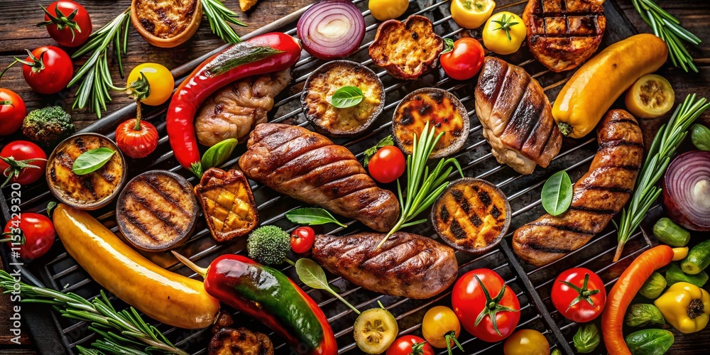 Fototapeta premium Delicious Grilled Meat & Veggie BBQ Feast - Top View Isolated White Background