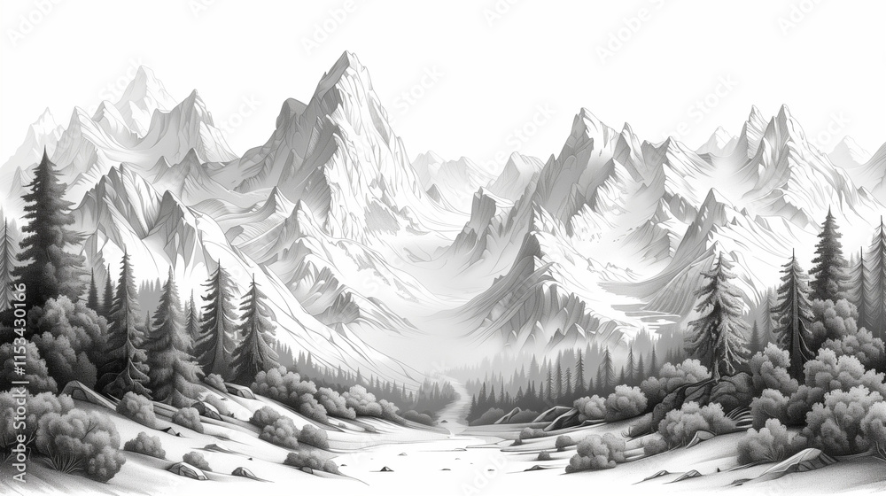 Fototapeta premium Dessin en noir et blanc d'un panorama de montagnes et reliefs vallonnés rocheux, paysage montagne champêtre et sauvage avec cratères, forêt et rivière