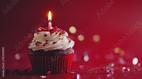 Yummy birthday cupcake with candle on red background. Party birthday concept, hd image