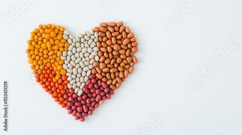 Heart-Shaped Composition of Colorful Legumes and Grains on White Background for Healthy Eating and Nutrition Themes