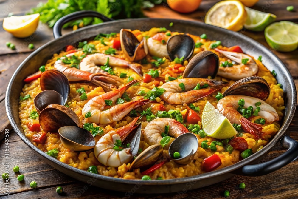 Delicious Spanish Paella with Saffron Rice, Seafood, and Chorizo - Stock Photo Delicious Spanish Paella with Saffron Rice, Seafood, and Chorizo - Stock Photo