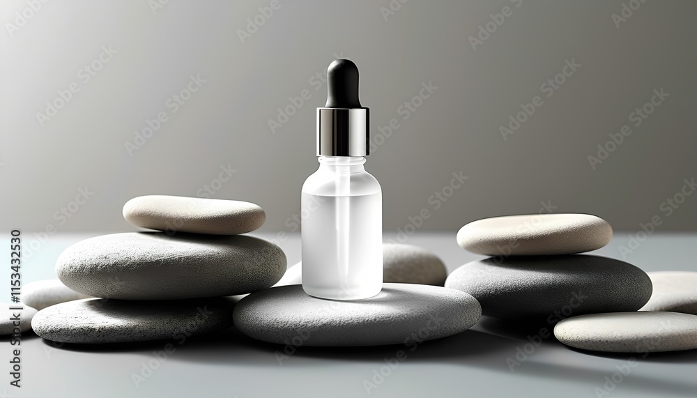 Elegant serum bottle resting on a stack of zen stones. Elegant serum bottle resting on a stack of zen stones.