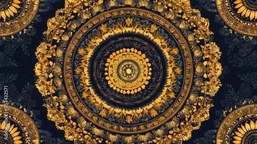 Intricate gold and dark blue mandala design with floral and geometric patterns. photo