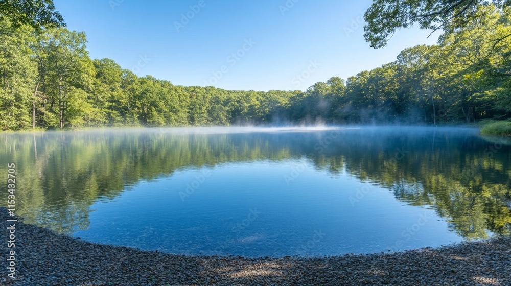 Serene Mist Shrouds Calm Lake Surrounded By Lush Green Trees Serene Mist Shrouds Calm Lake Surrounded By Lush Green Trees